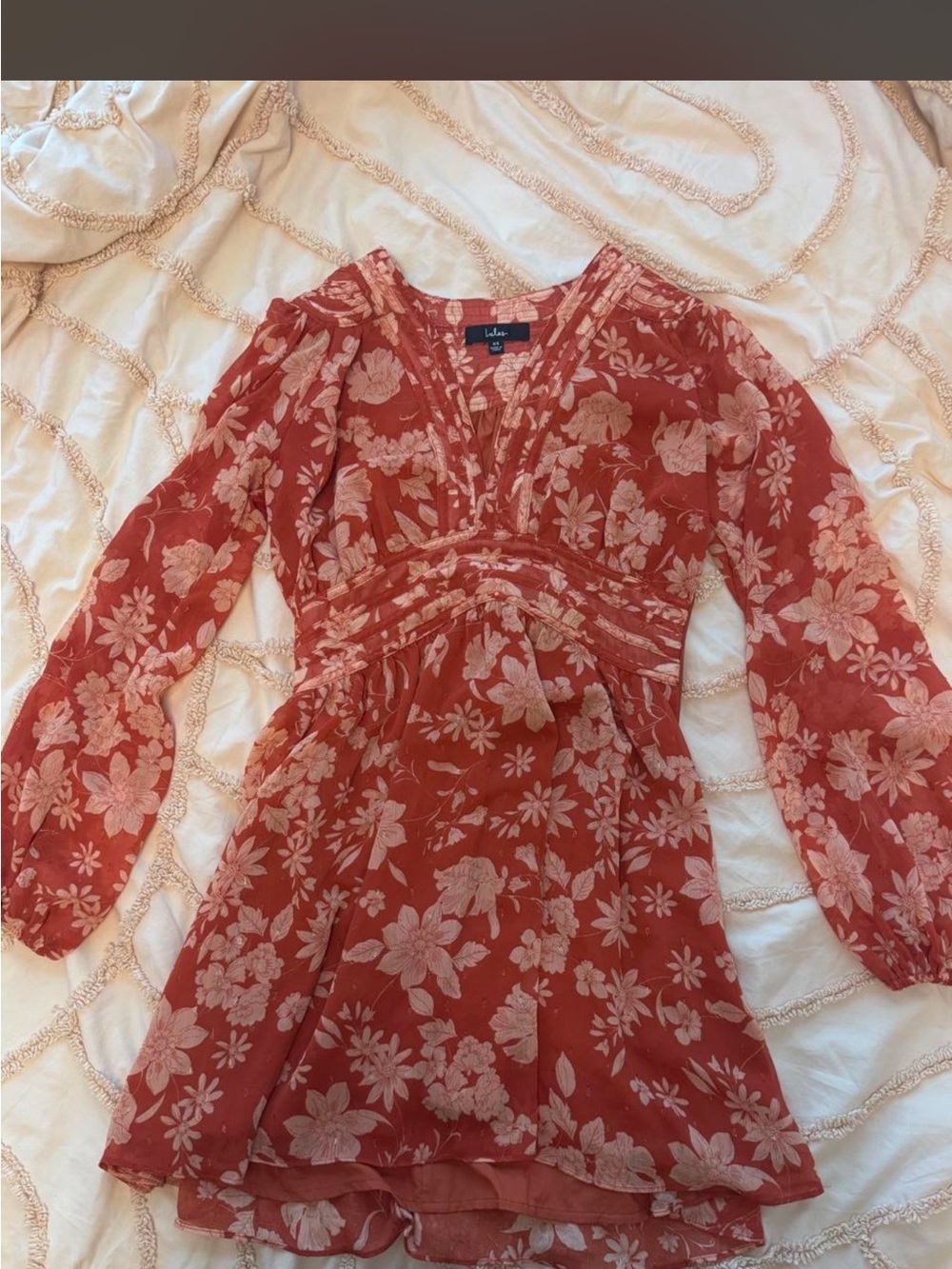 Lulu's Rust Floral Wrap-Style Long Sleeve Mini Dress